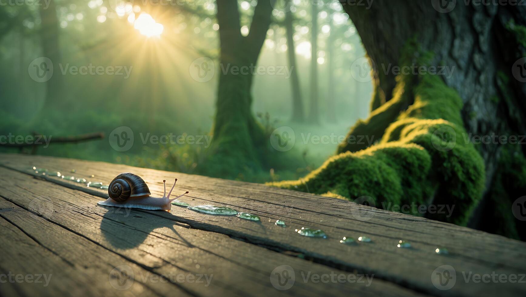 Snail Crawling on Wood Plank in Forest Sunlight photo