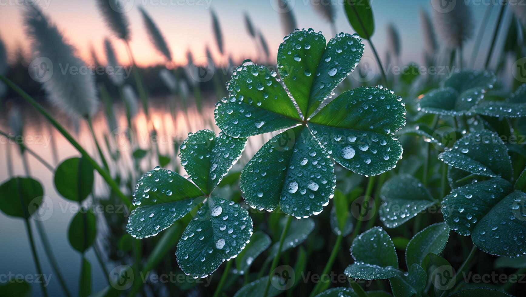 Clover with Dew Drops in a Grass Field at Sunset photo