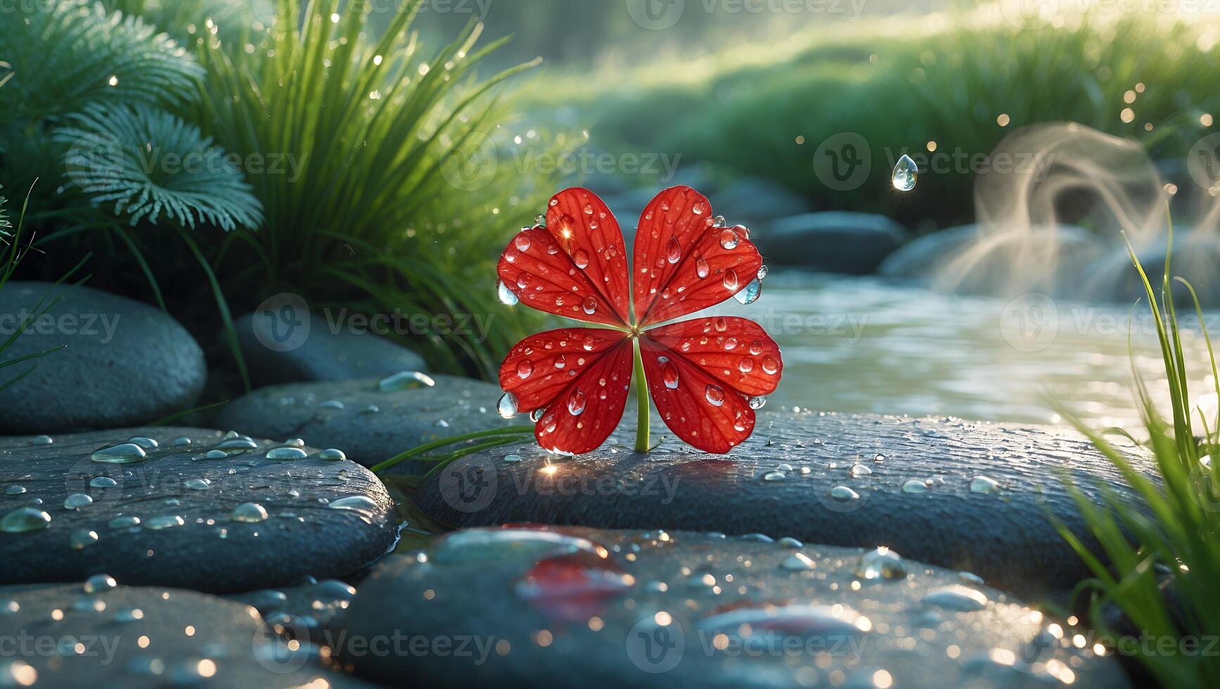 Four Leaf Clover with Water Drops by a Stream photo