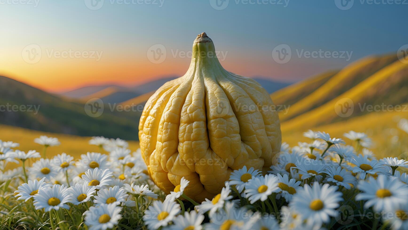 Yellow Squash in Field of Daisies at Sunset photo