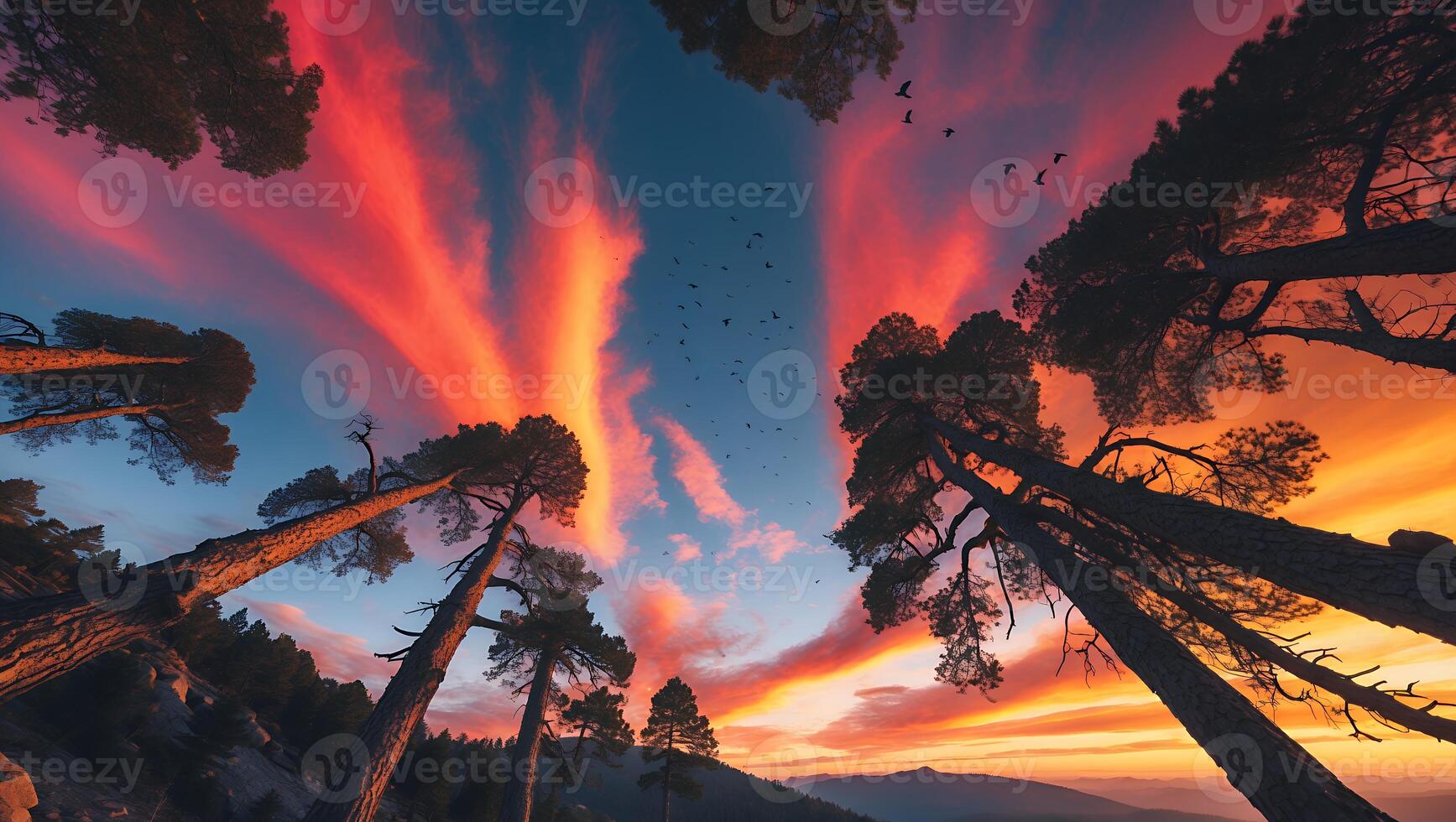 Pine Trees Against Vivid Sunset Sky with Birds Flying photo