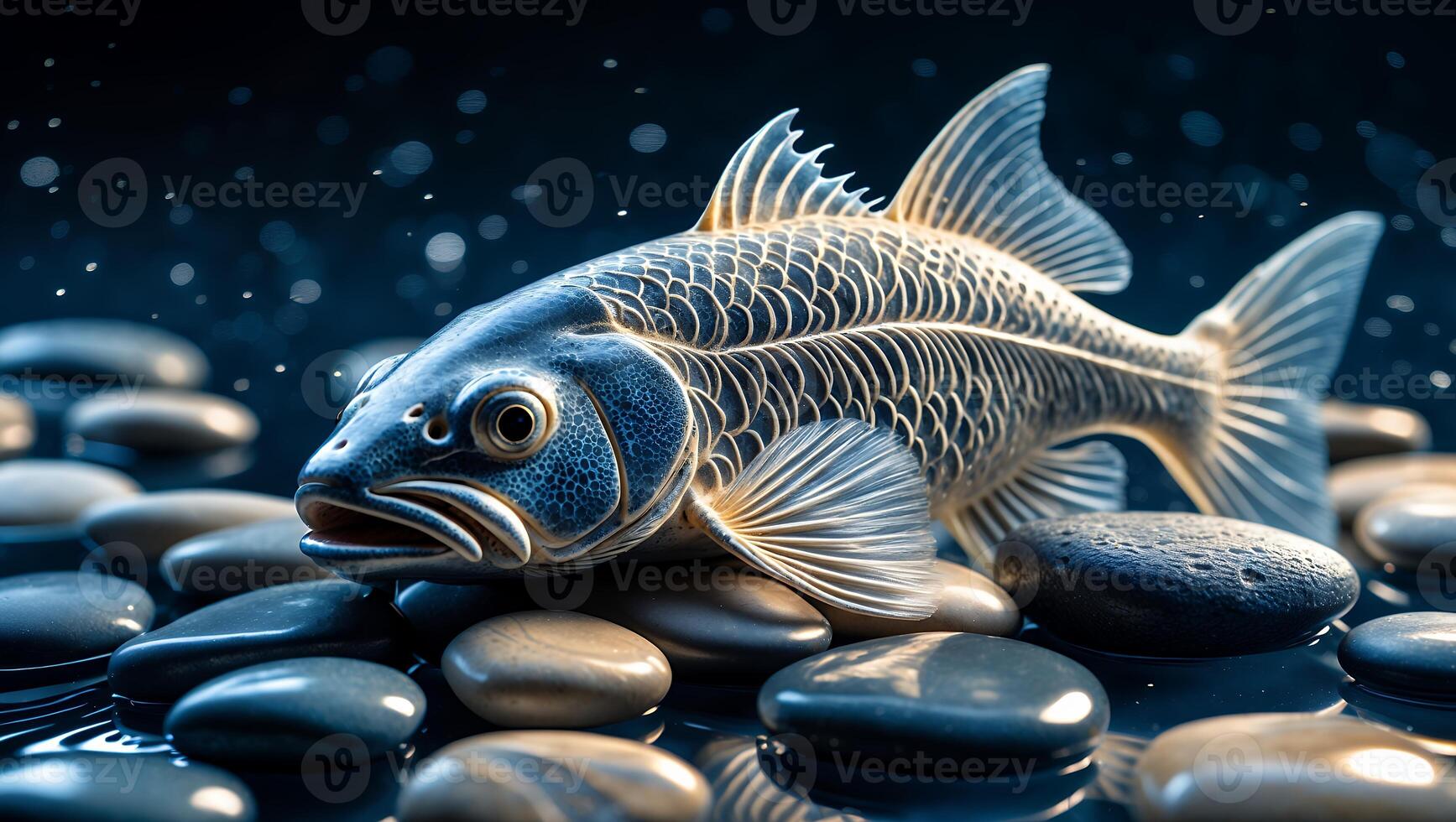 Elegant Fish Sculpture on Smooth Stone Bed photo