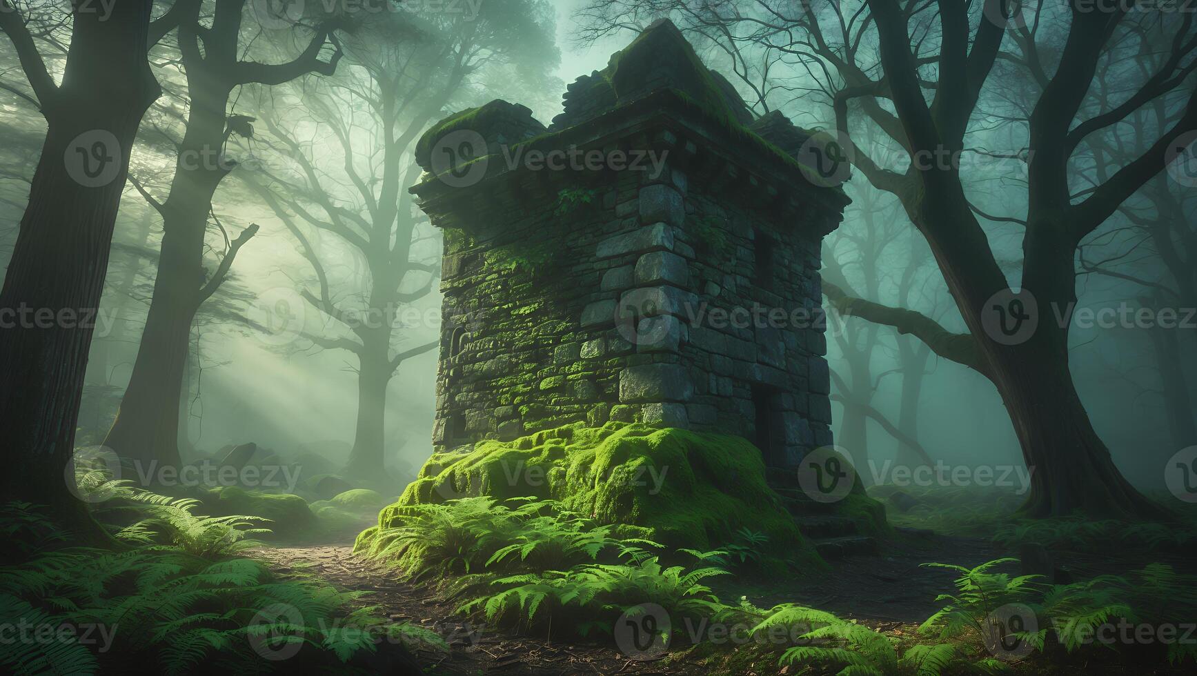 Stone Tower in Forest with Moss and Ferns photo