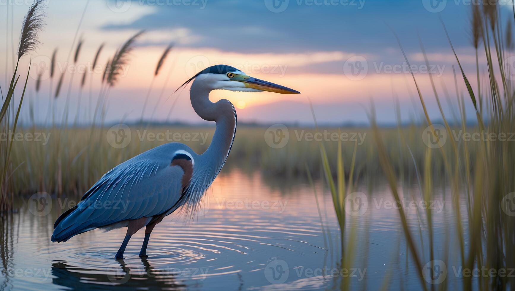 Great Blue Heron Wading in Water at Sunset photo