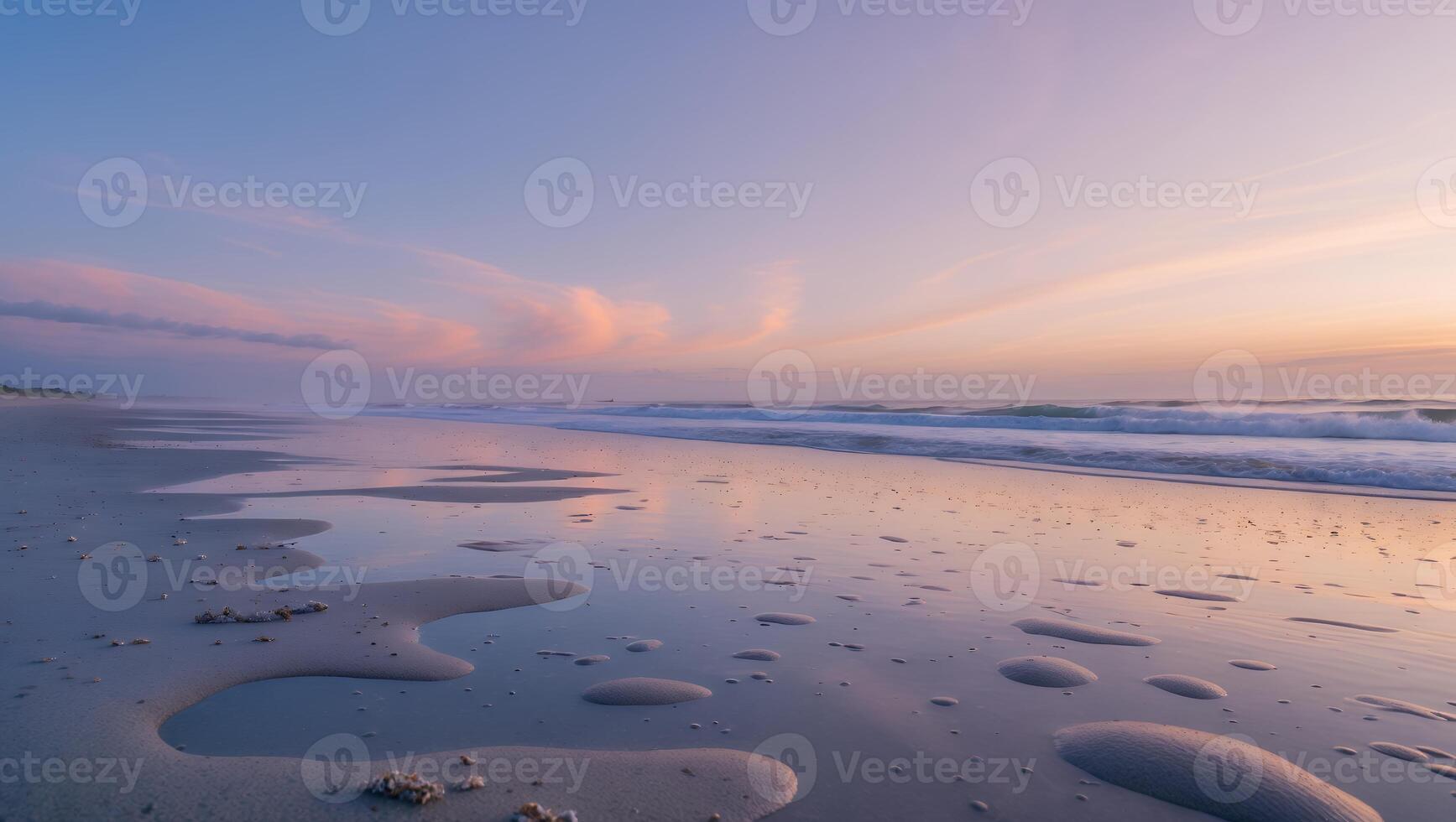 Peaceful Beach Scene with Waves, Sand and Sky at Sunset photo