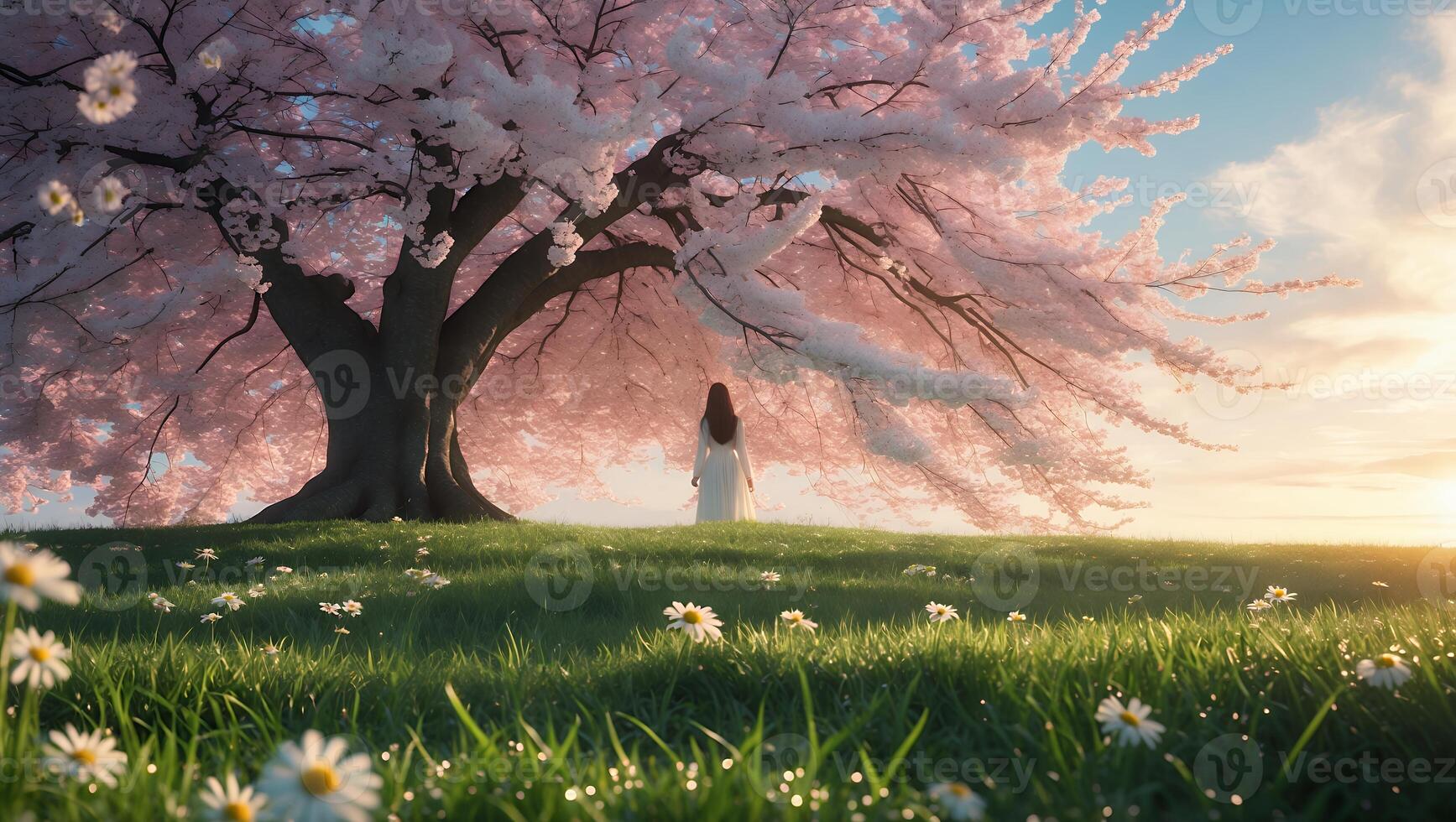 Woman Stands Under Cherry Blossom Tree in Meadow photo