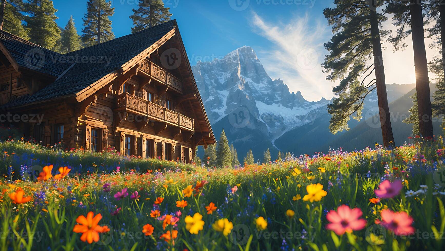 Log Cabin in Mountain Meadow Landscape photo