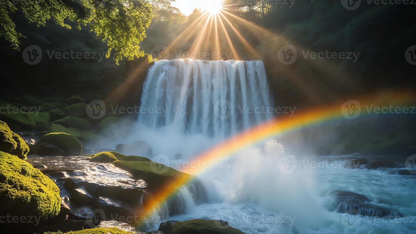 Waterfall with Rainbow and Sunlight photo