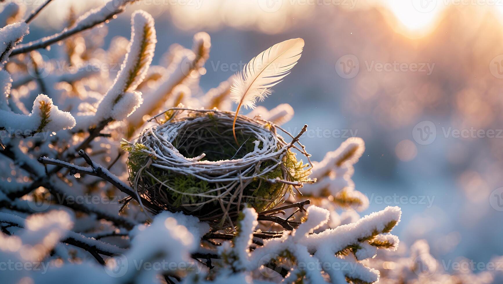 Bird Nest with Feather in Snowy Winter Setting photo