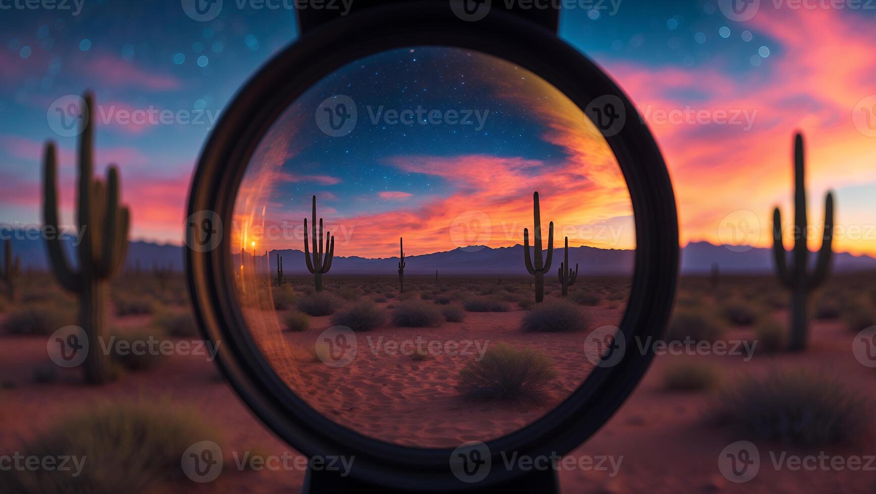 Desert Landscape with Cacti at Sunset Viewed Through a Lens photo
