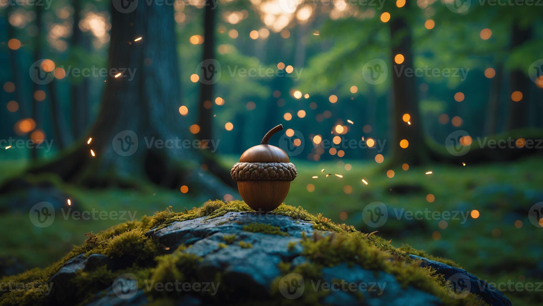 Acorn on Mossy Rock in Forest with Bokeh Lights photo