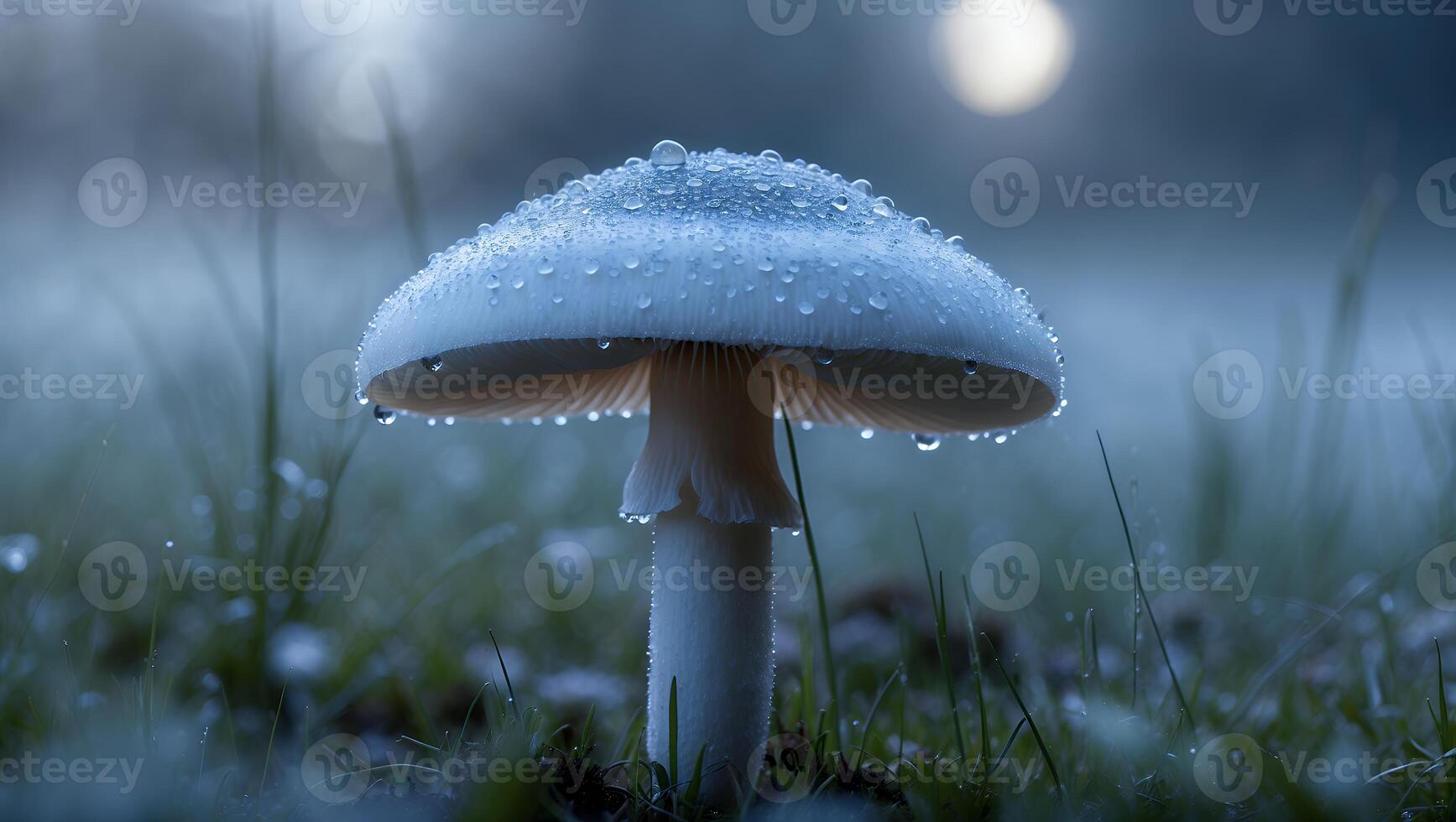 Mushroom with Water Droplets on Grass photo