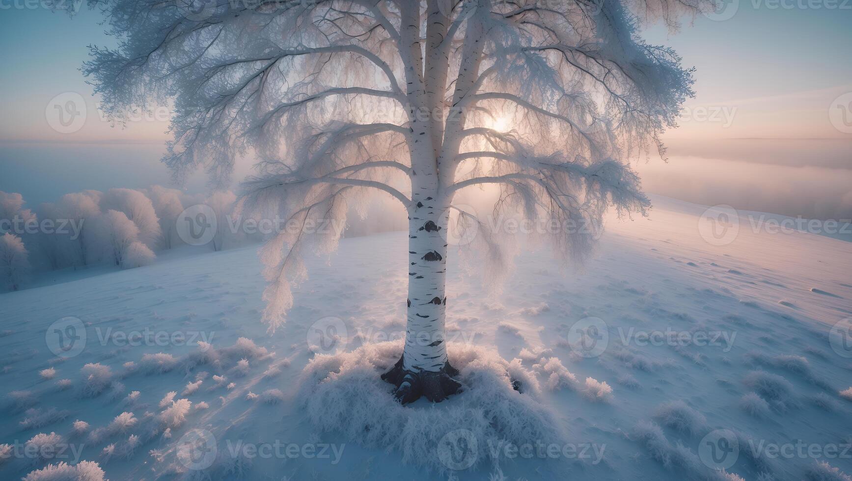 Winter Birch Tree on Snowy Field at Sunrise photo