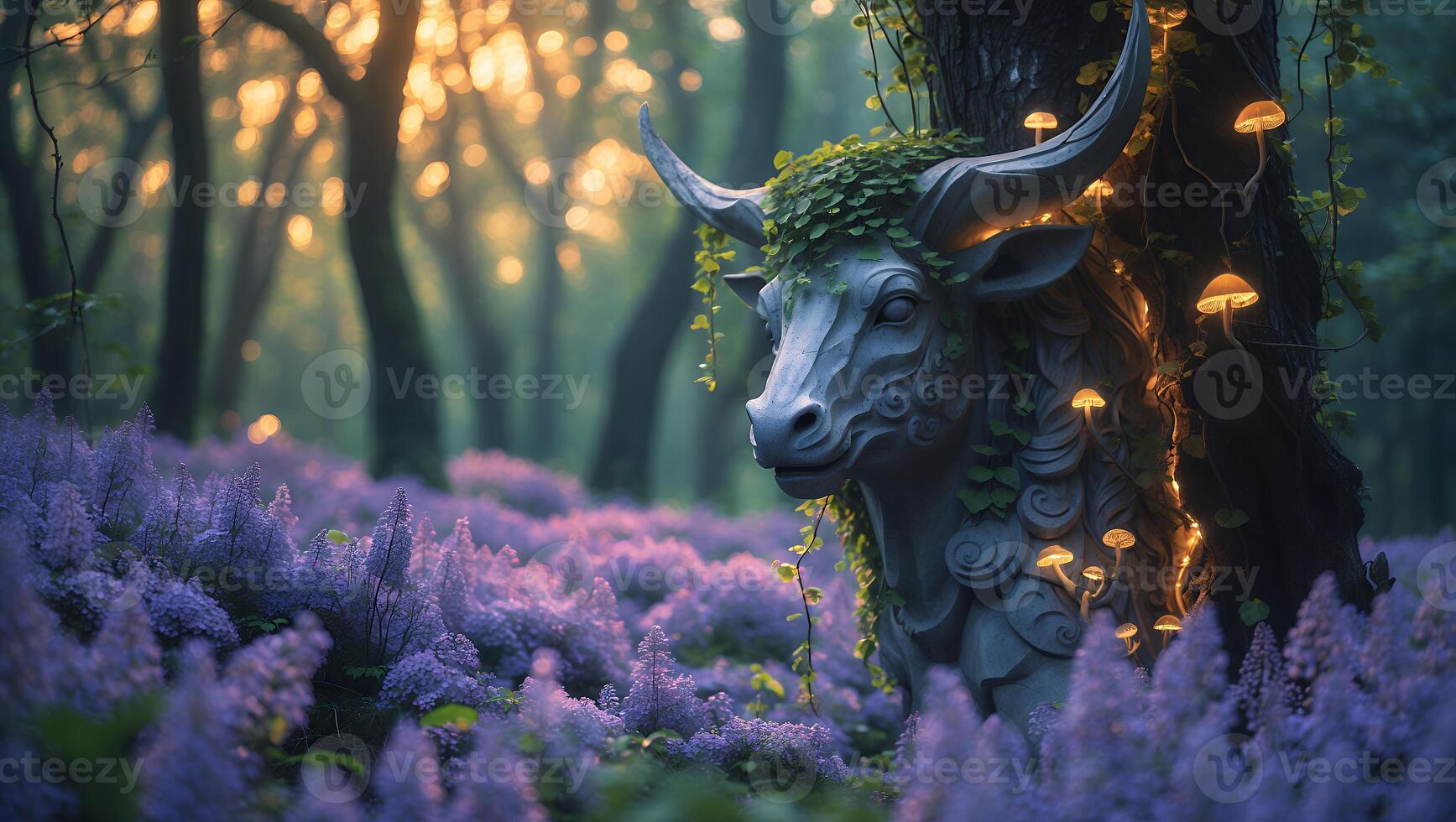Stone Bull Statue in Forest with Lavender and Mushrooms photo