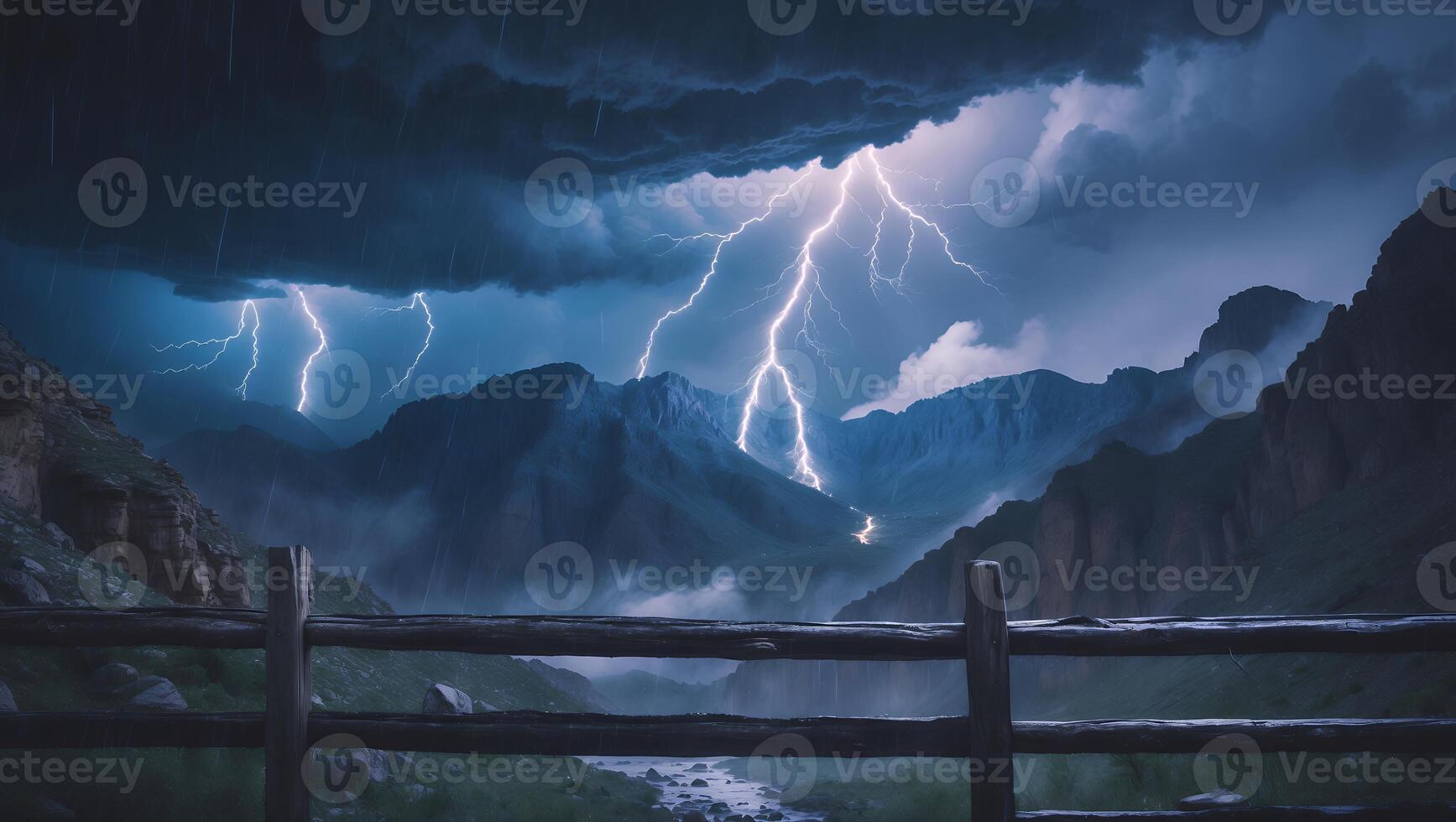 Lightning Storm Over Mountain Landscape with Wooden Fence photo