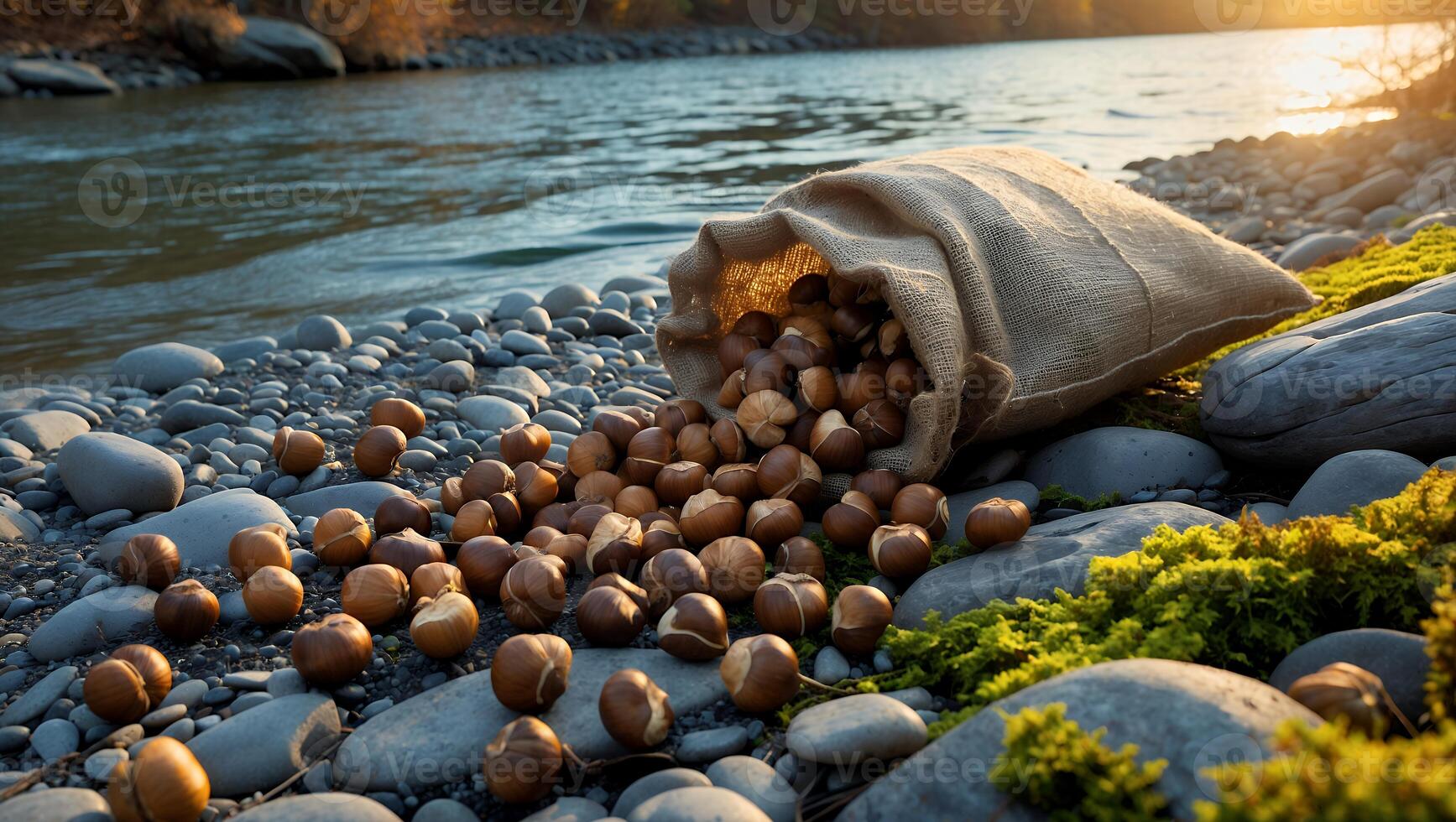 Bag of Nuts Spilled on Rocky River Bank photo