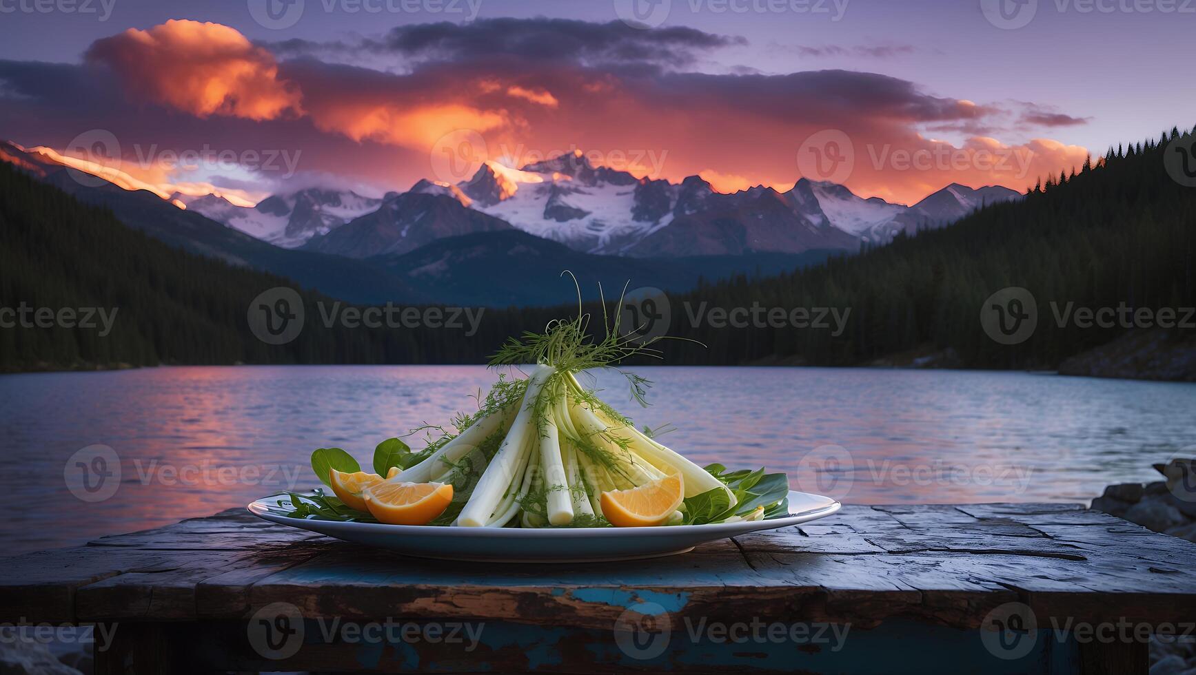 Fennel and Orange Slices on Plate at Lake at Sunset photo