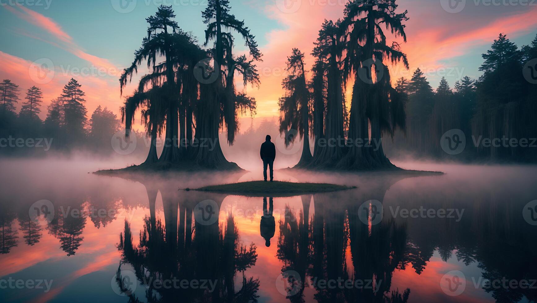 Person Standing on Island with Cypress Trees at Sunset photo