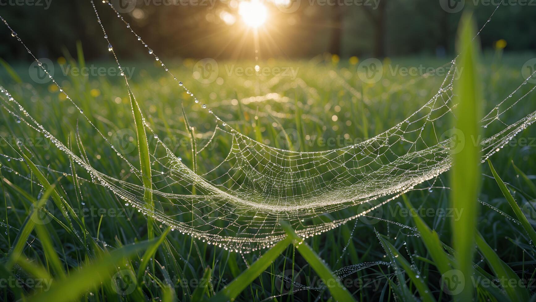 Spiderweb with Dew Drops in Field at Sunrise photo