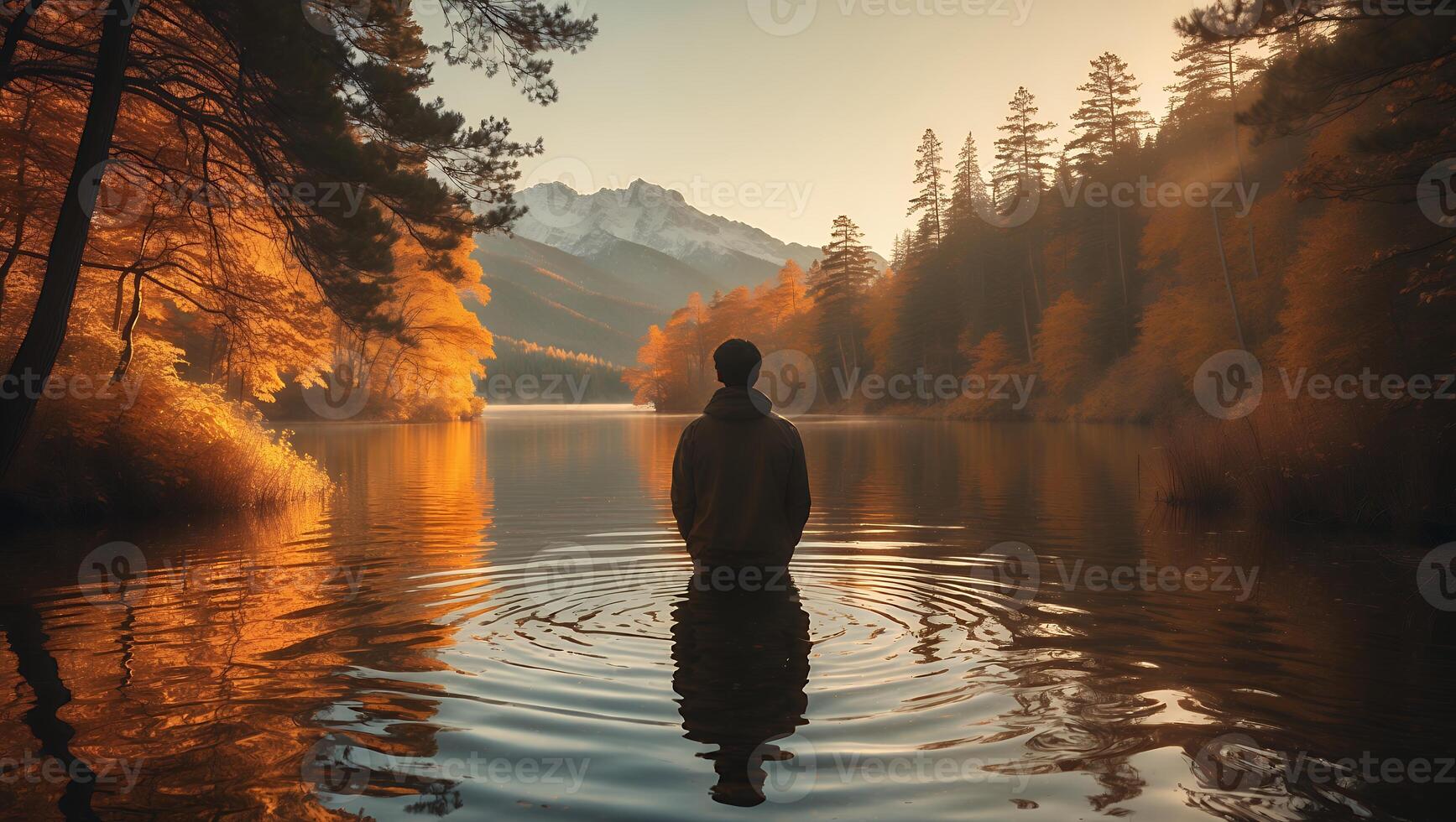 Person Standing in a Lake with Mountains and Trees photo