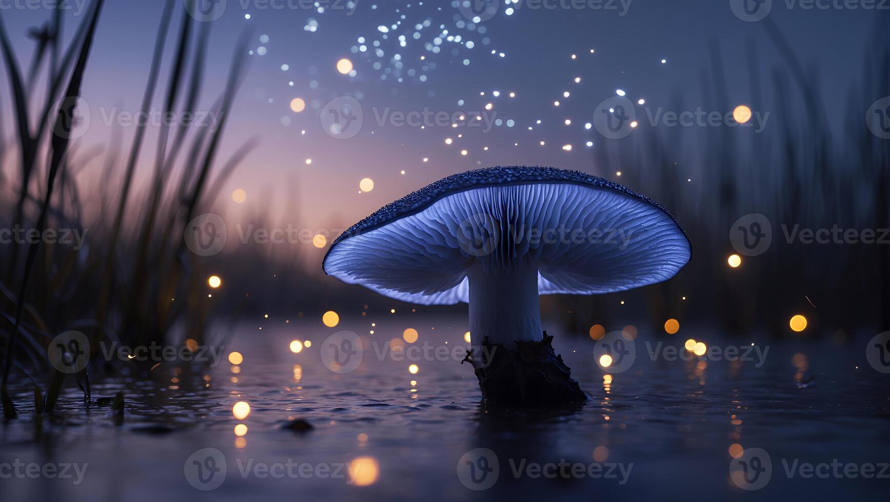 Mushroom in Water with Bokeh Lights and Grass photo