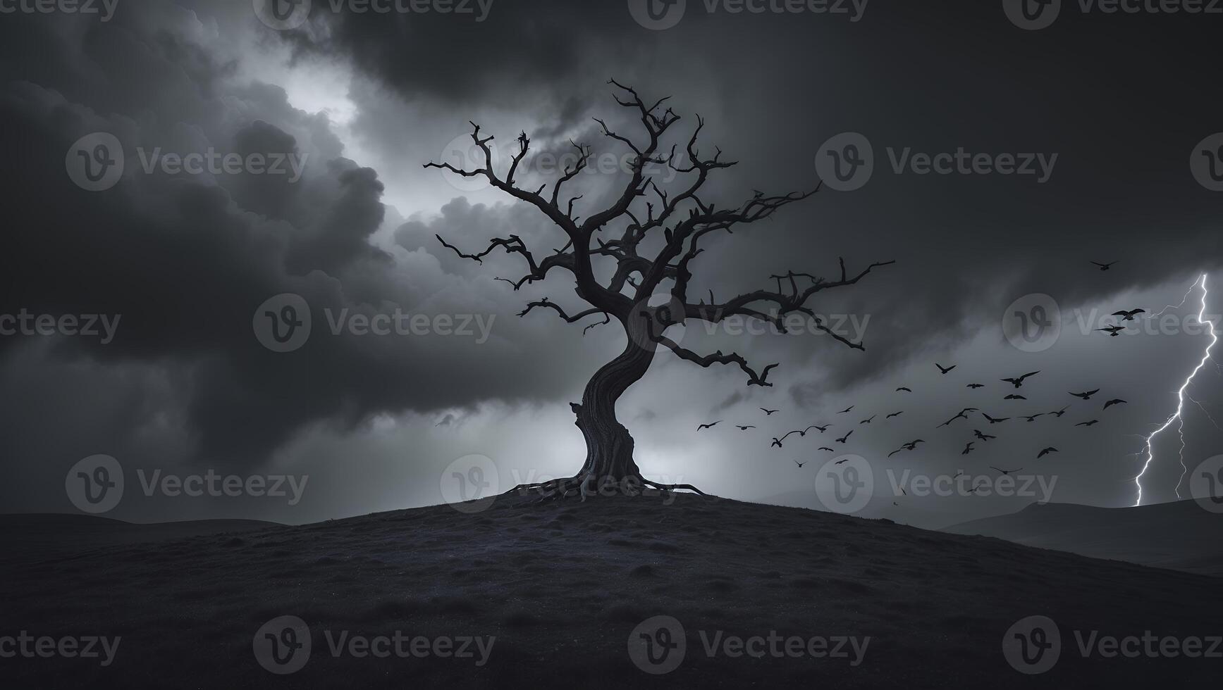 Silhouette of Tree Against Storm Cloud and Lightning photo