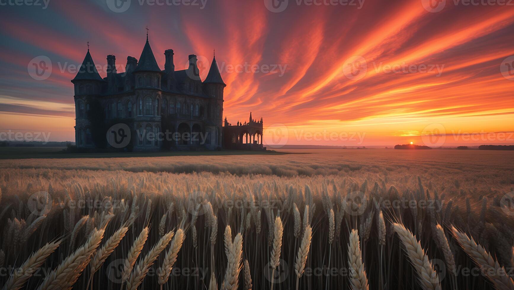 Old Building in Wheat Field at Sunset photo