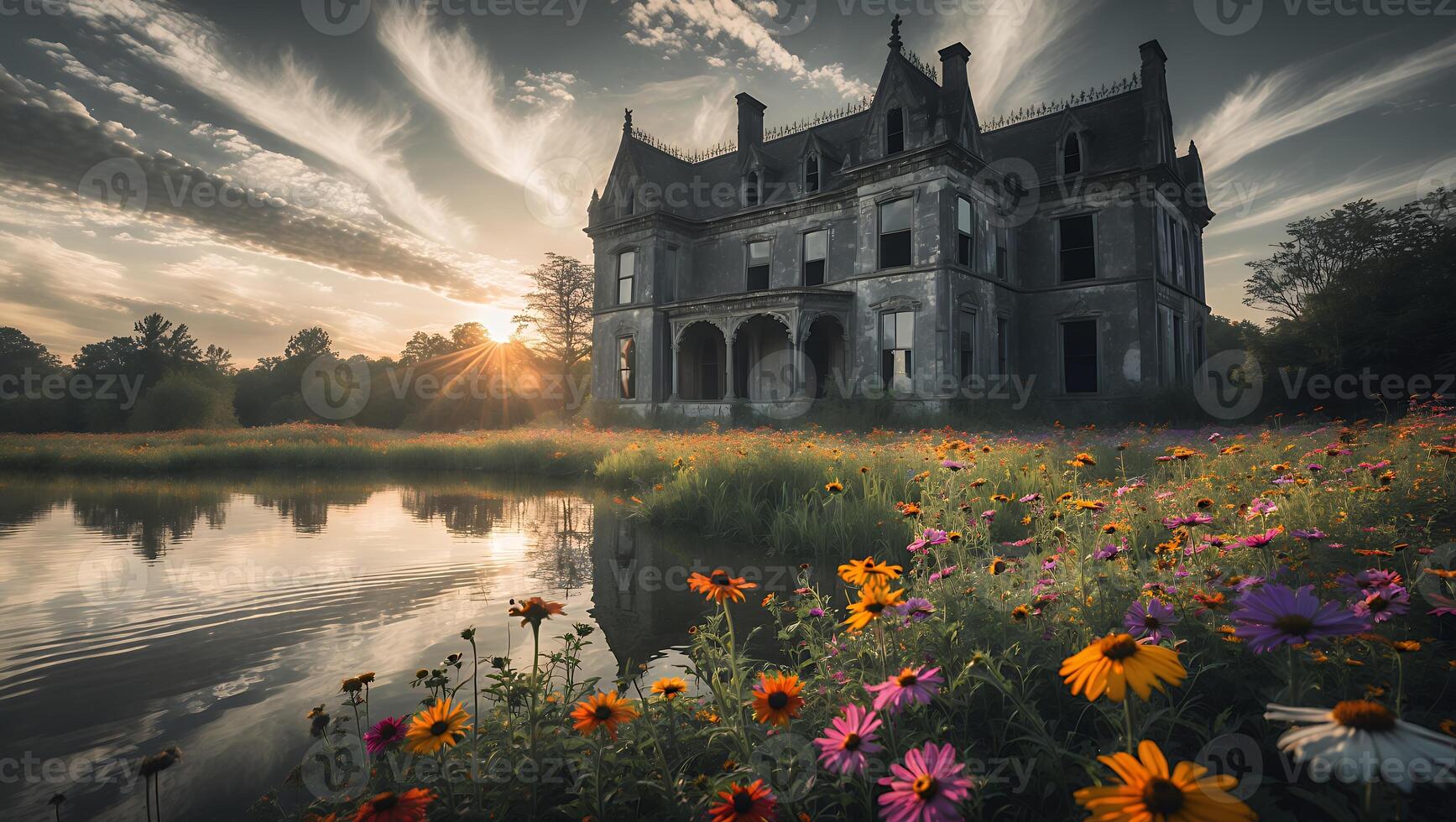 Old House at Sunrise in Colorful Field photo
