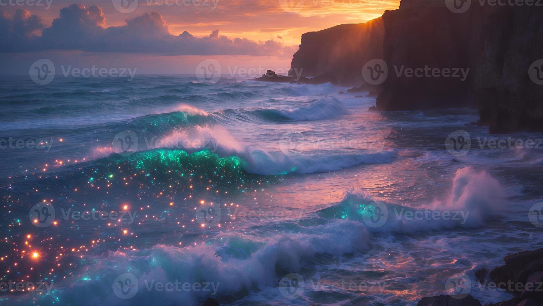 Ocean Waves at Sunset with Glowing Lights Near Cliffs photo