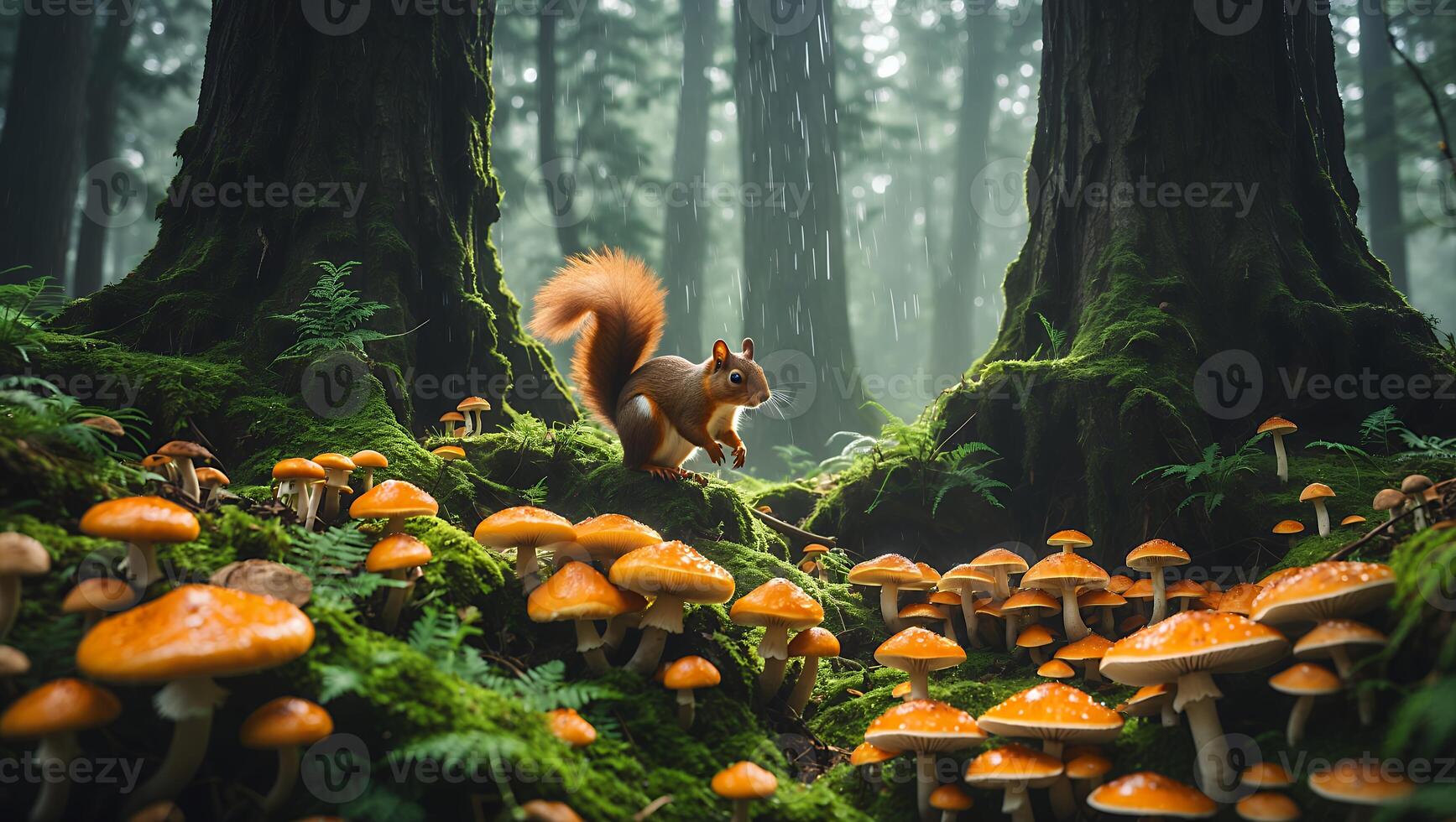 Squirrel in Mushroom Forest on Mossy Ground in Rainy Weather photo