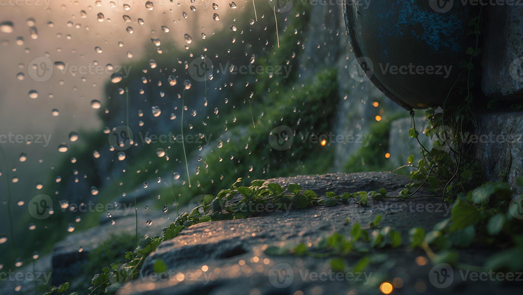Rain Falling on Stone Steps with Lush Green Growth and a Hazy Background photo