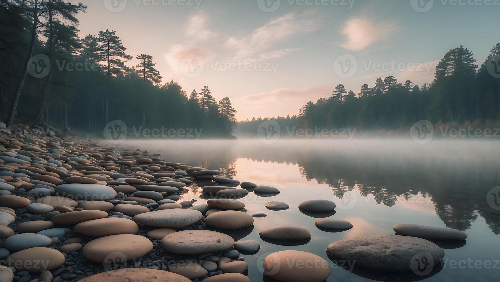 River with Fog and Stones at Sunrise photo