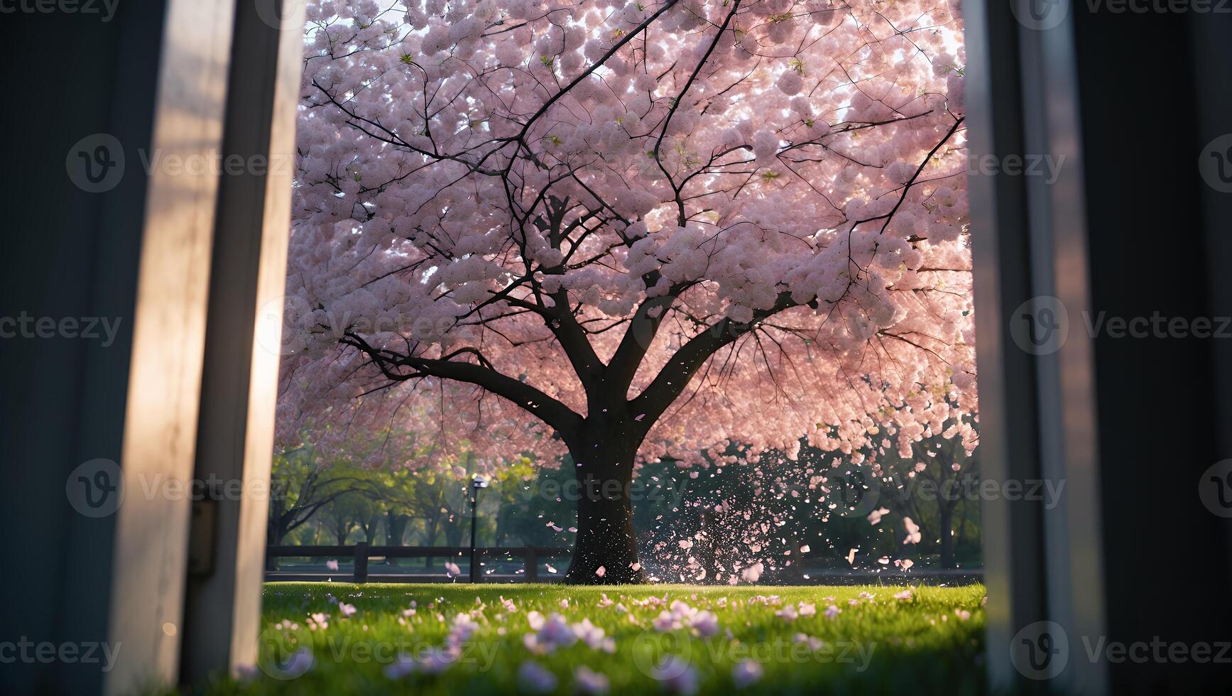Cherry Blossom Tree in Bloom Through Window photo