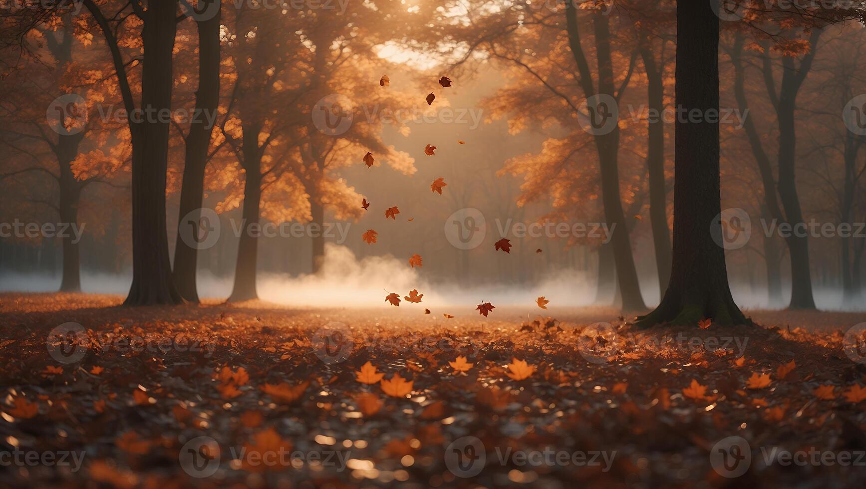 Autumn Forest Leaves Falling on Ground Trees Fog Sunlight photo
