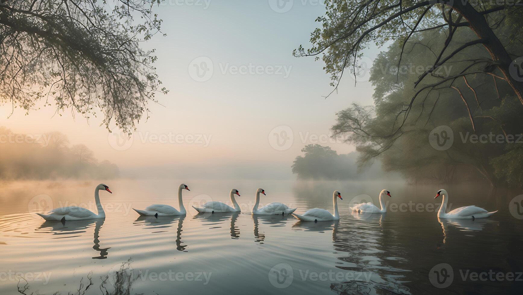 Swans on Misty Lake at Dawn photo