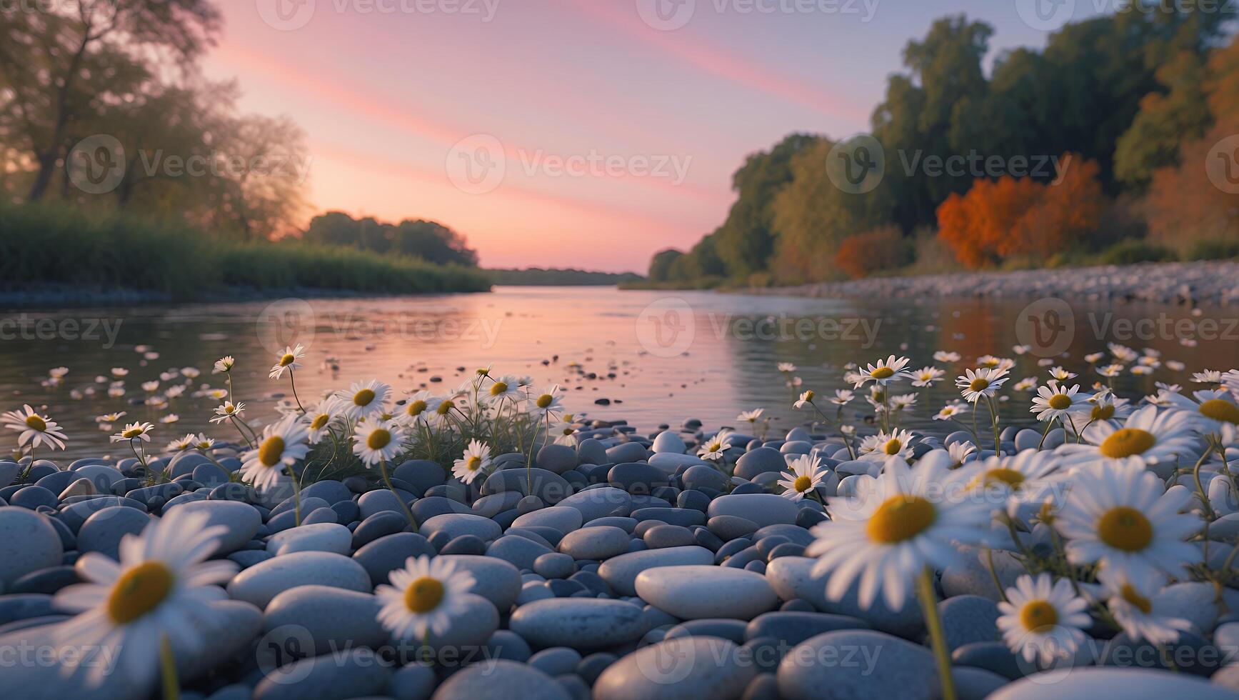 Daisy on River Stones at Sunset photo