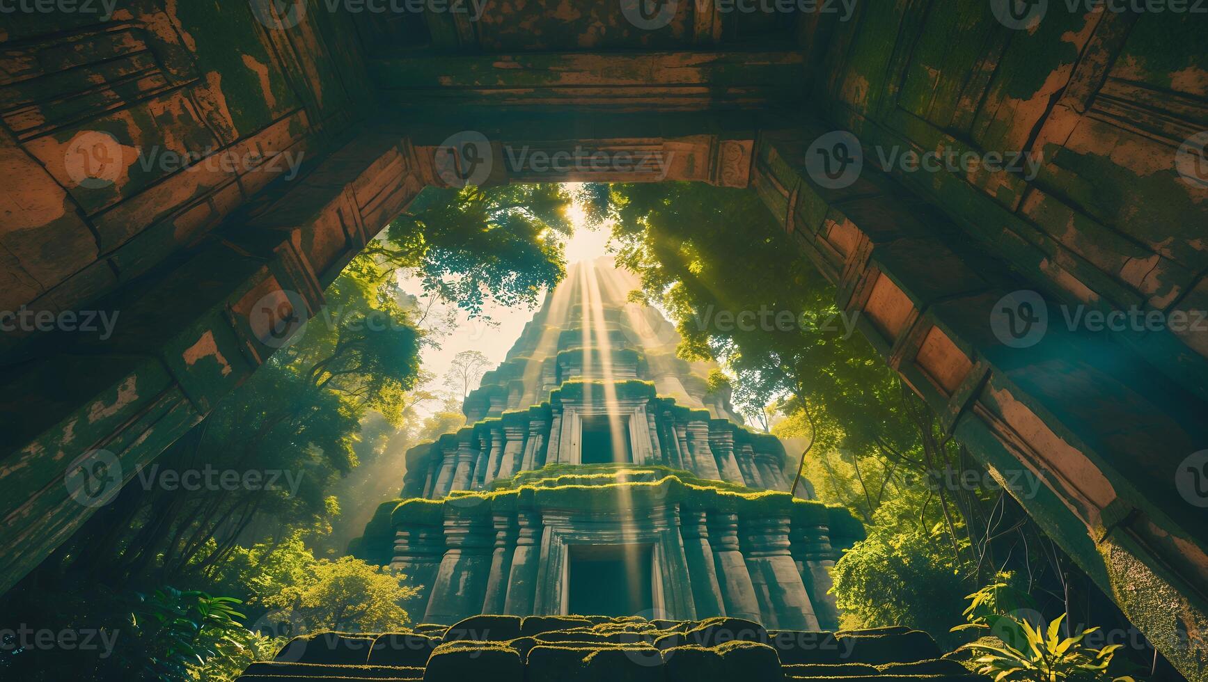 Ancient Temple in Jungle with Sunlight Streaming Through photo