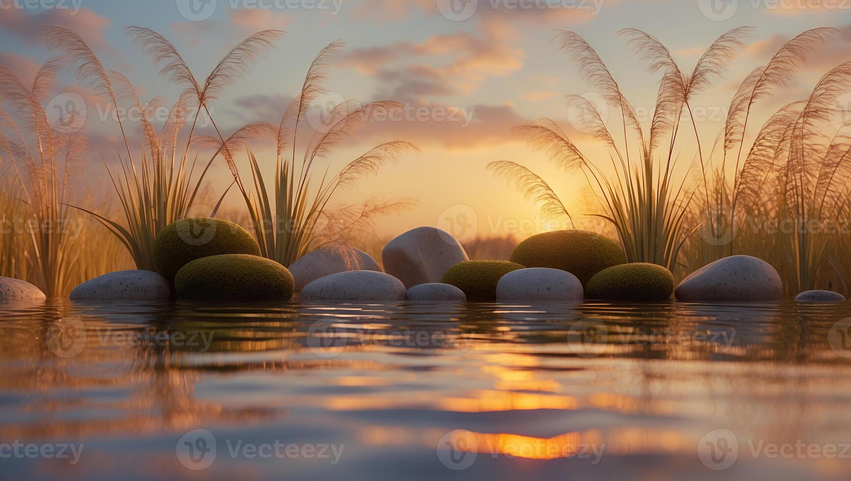 Sunset Reflection in Water with Reeds and Stones photo