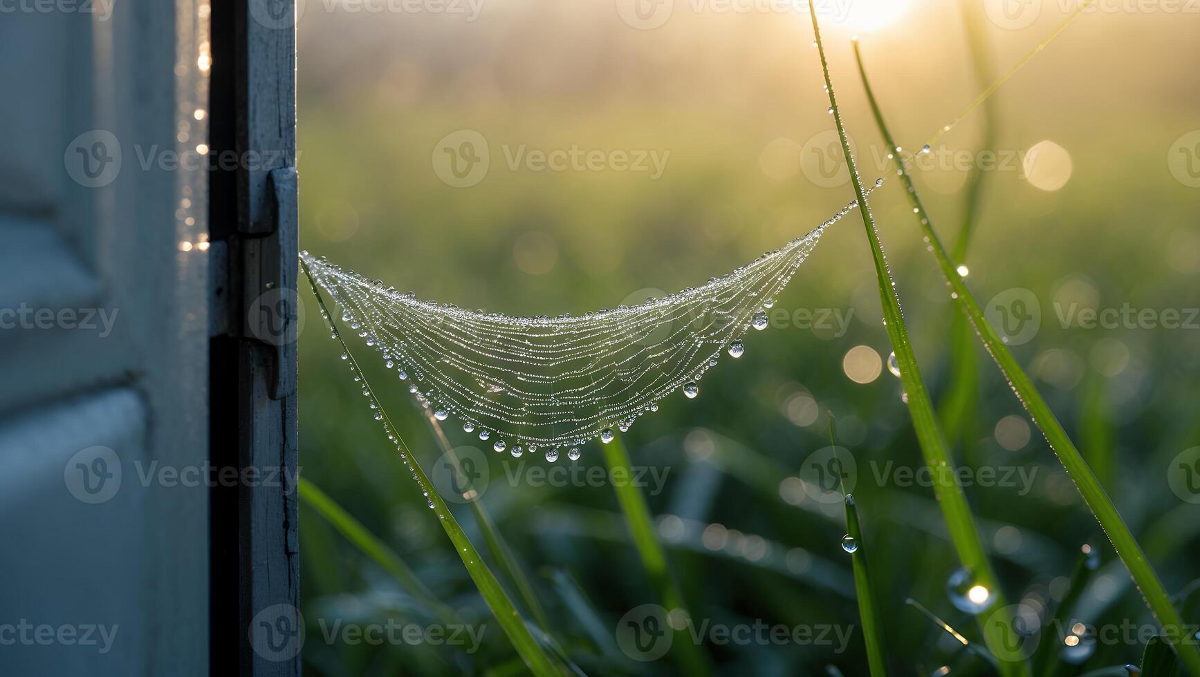 Spider Web with Dew Drops on Grass in Morning Light photo