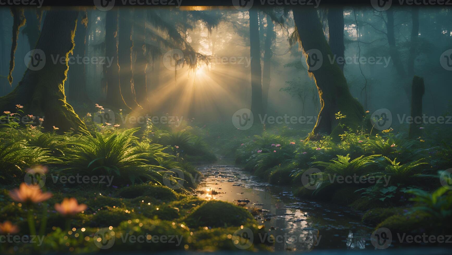 Sunlight in Forest Mossy Trees, Ferns, and Stream photo