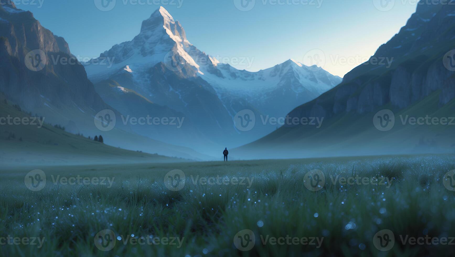 Snowy Mountain Landscape with a Figure in Misty Field photo