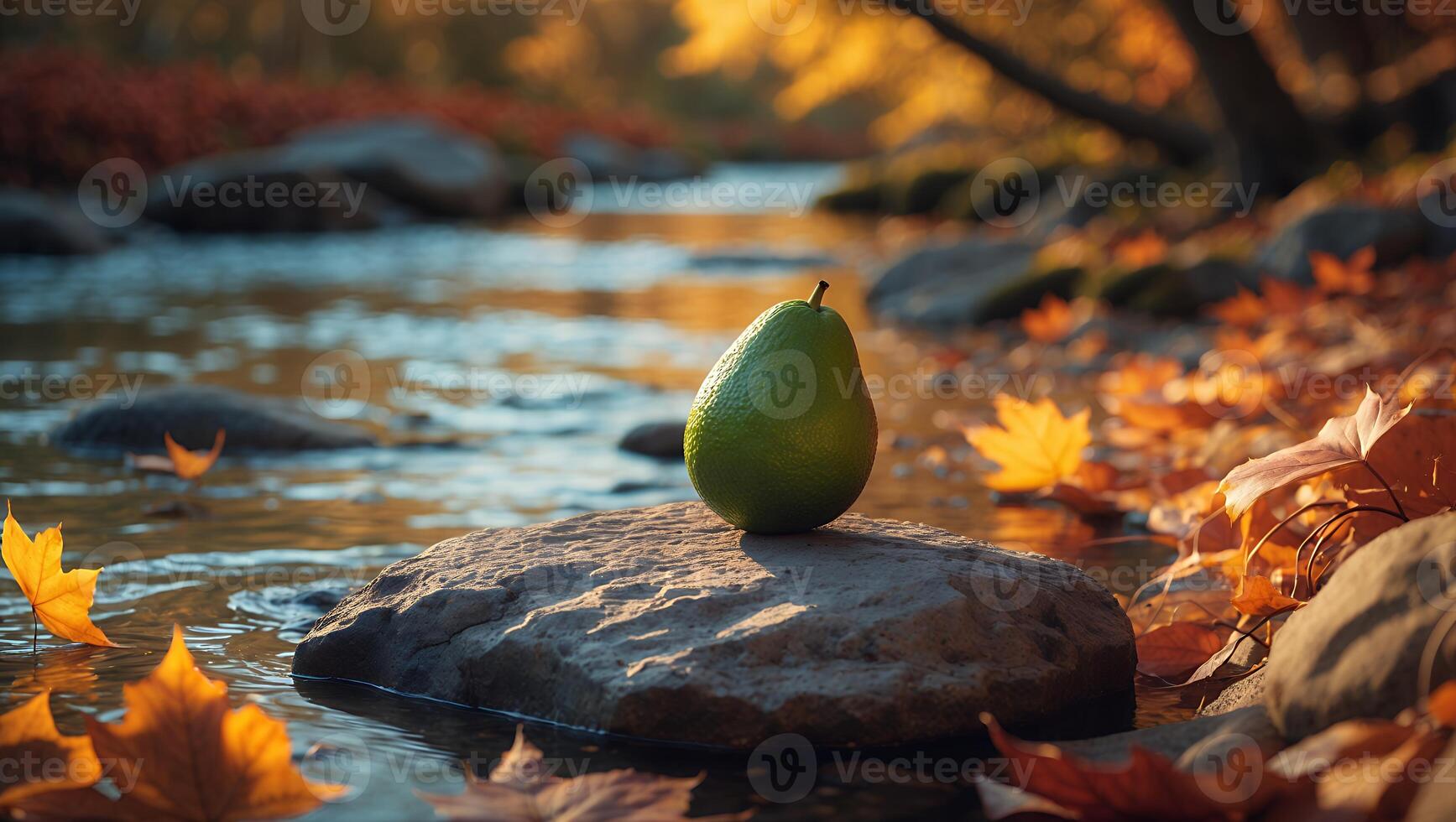 Green Fruit on Rock Near River Autumn Leaves photo