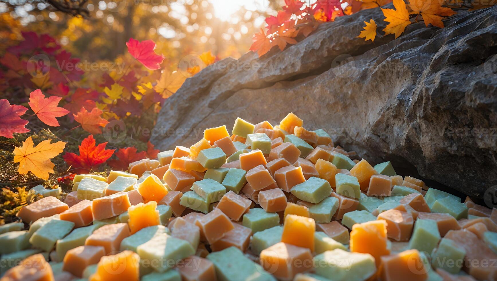 Pile of Pastel Cube with Rock and Falling Maple Leaf photo