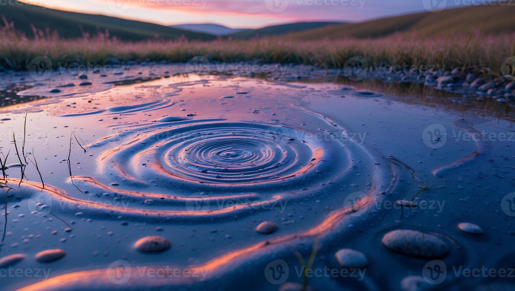 Water Ripple in Puddle with Sunset Reflection on Landscape photo