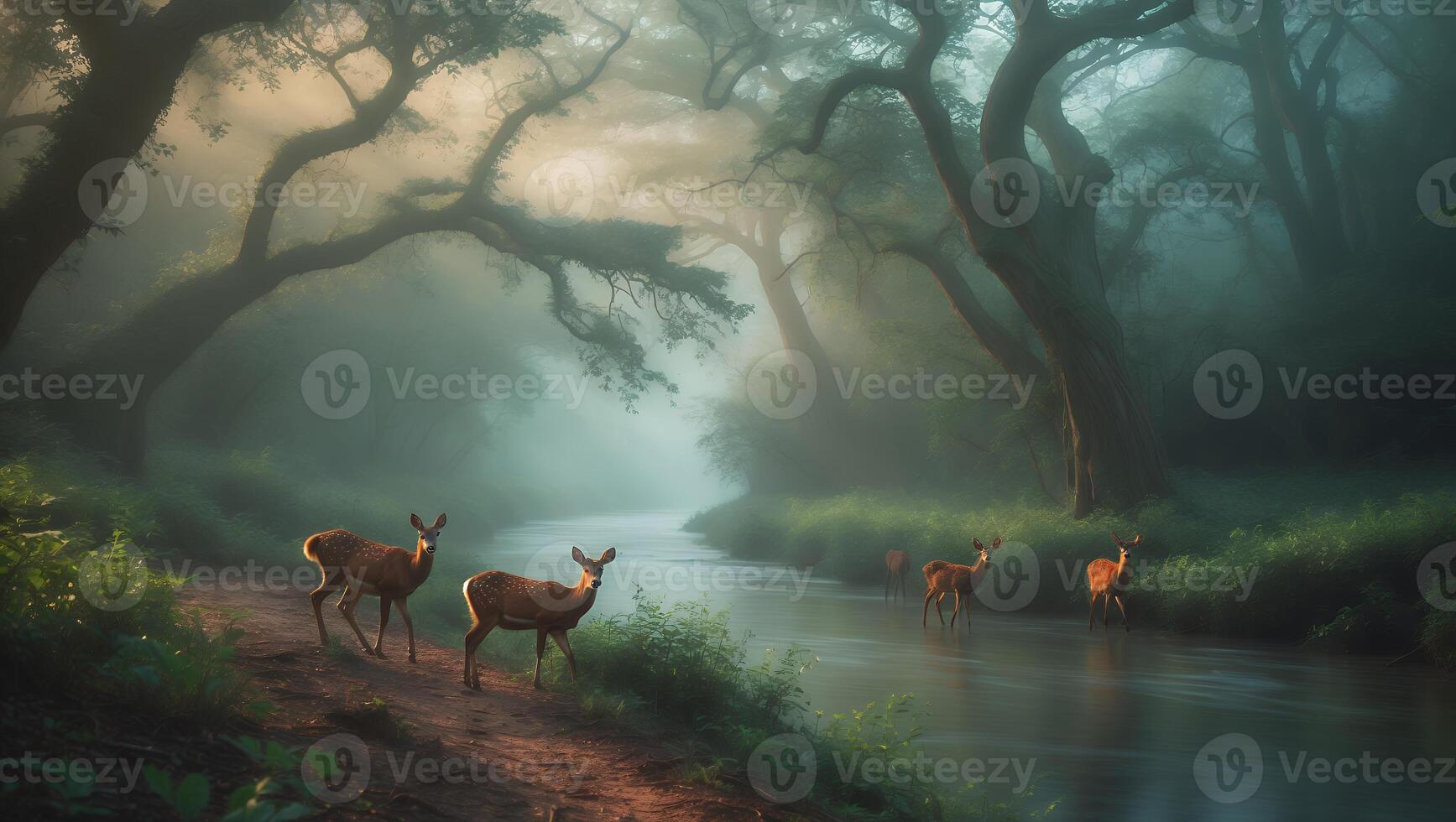 Deer in Forest with River photo