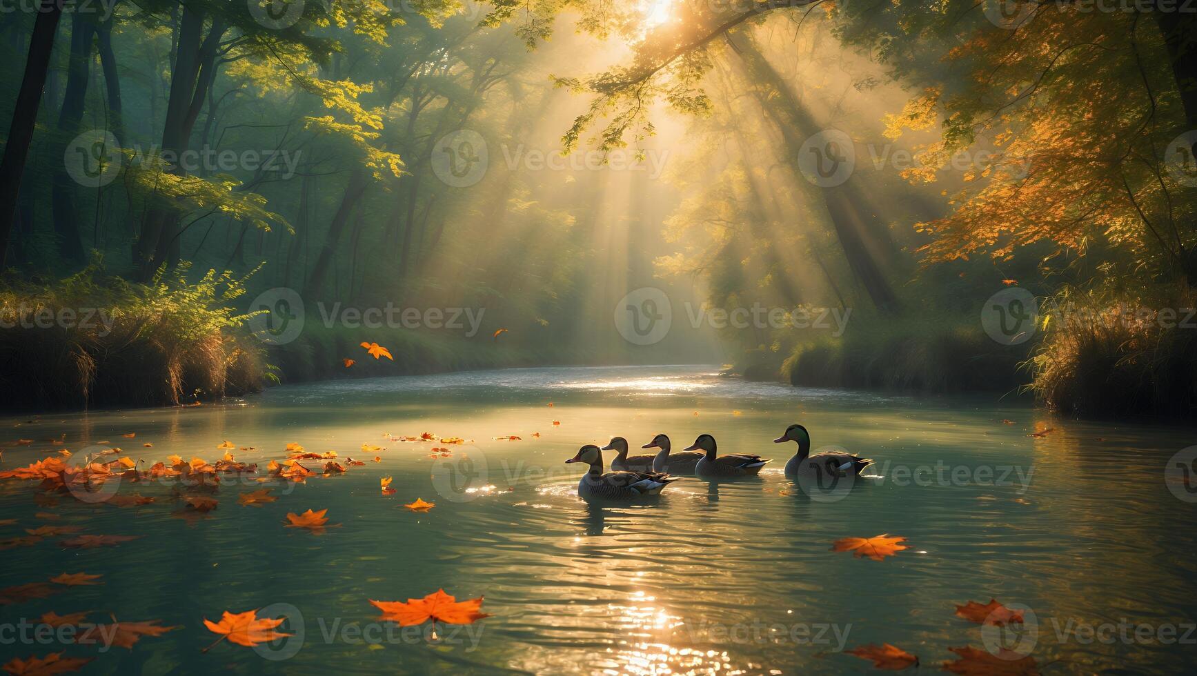 Ducks Swimming in River with Autumn Leaves and Sunlight photo