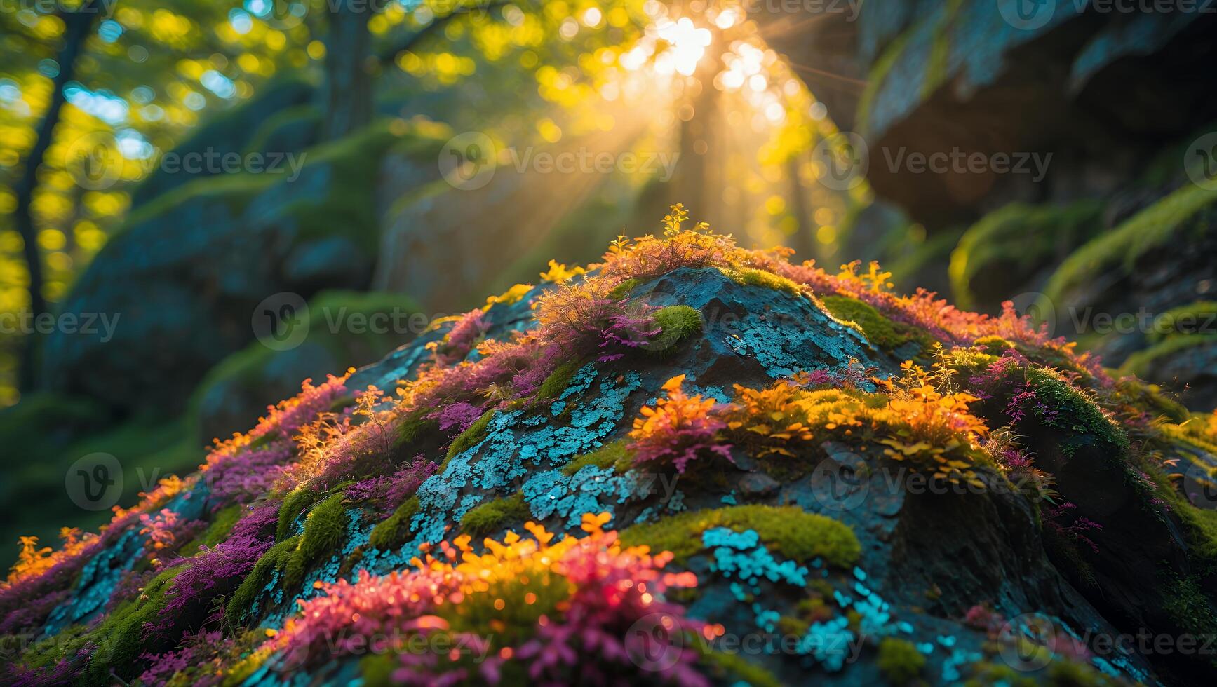 Moss Covered Rock with Sunlit Forest in Background photo