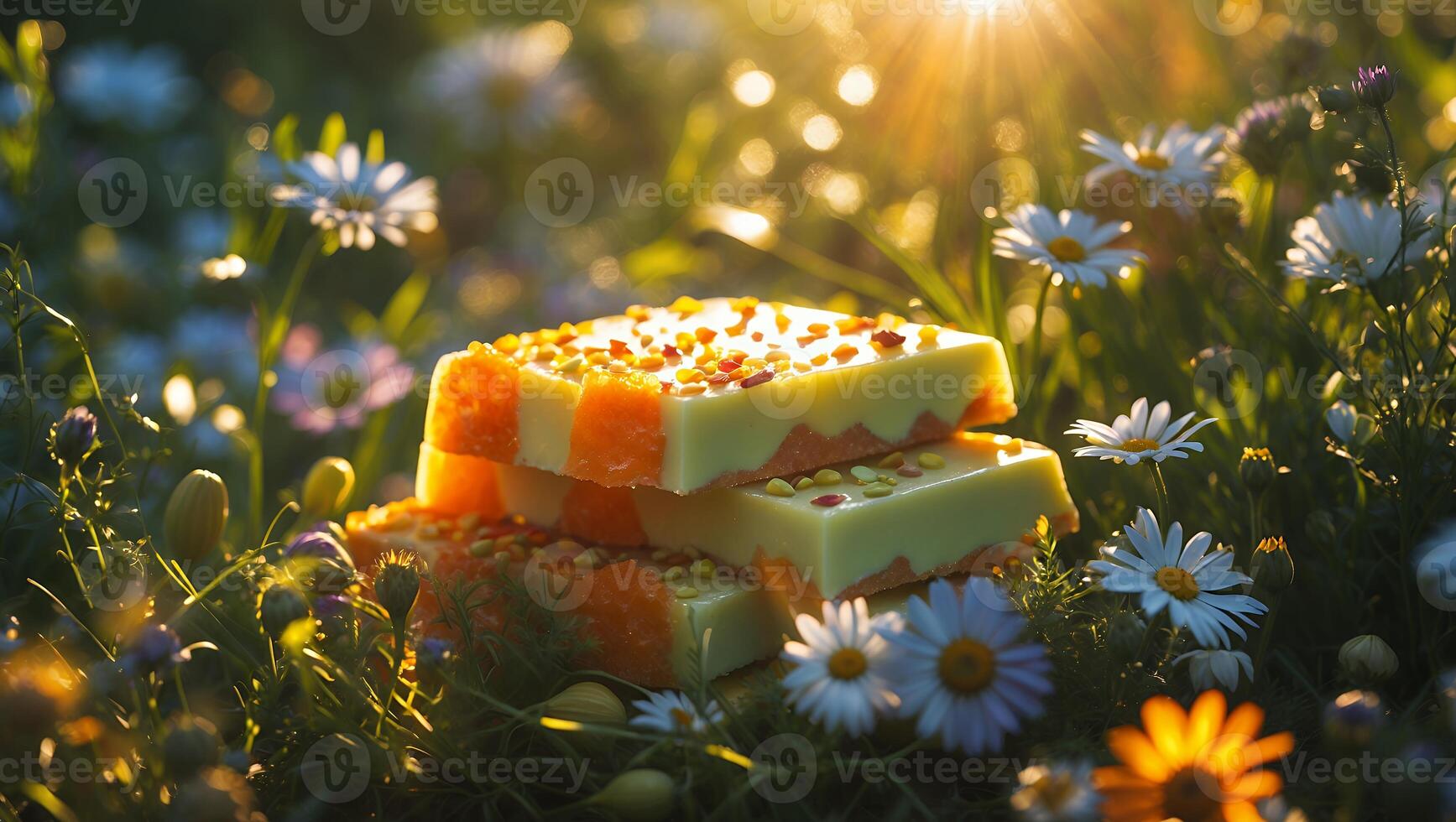 Stack of Colorful Soaps on Grass with Daisies in Sunlight photo