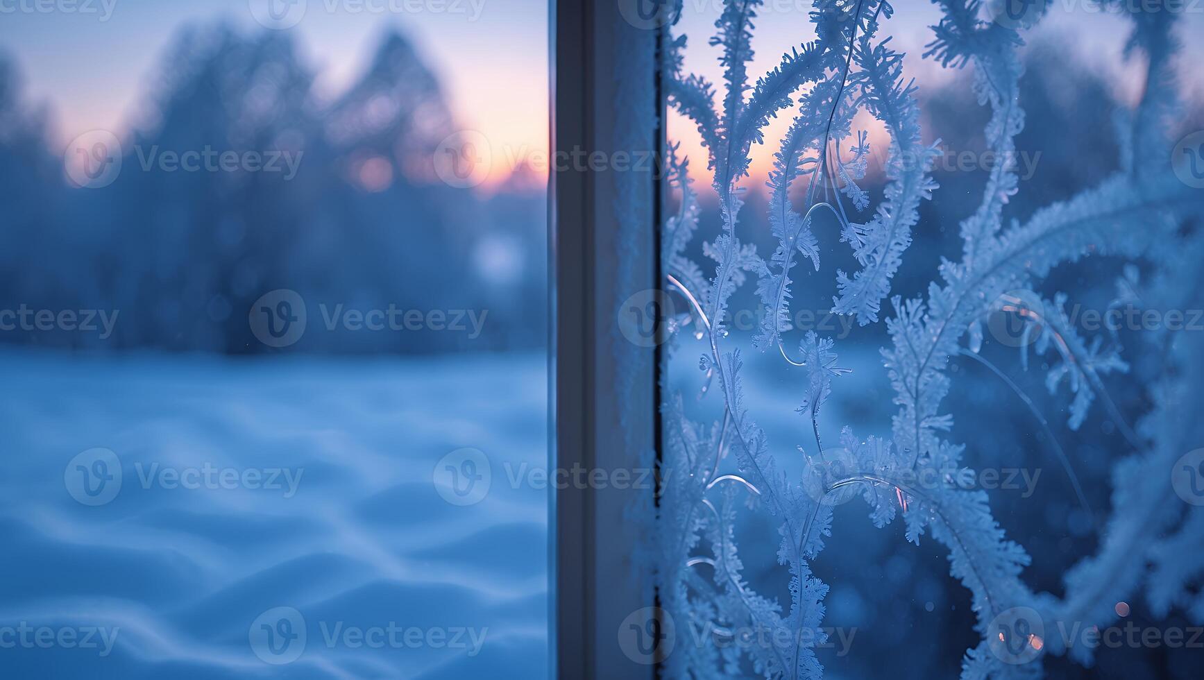 Frost Pattern on Window in Winter Snowy Landscape View photo