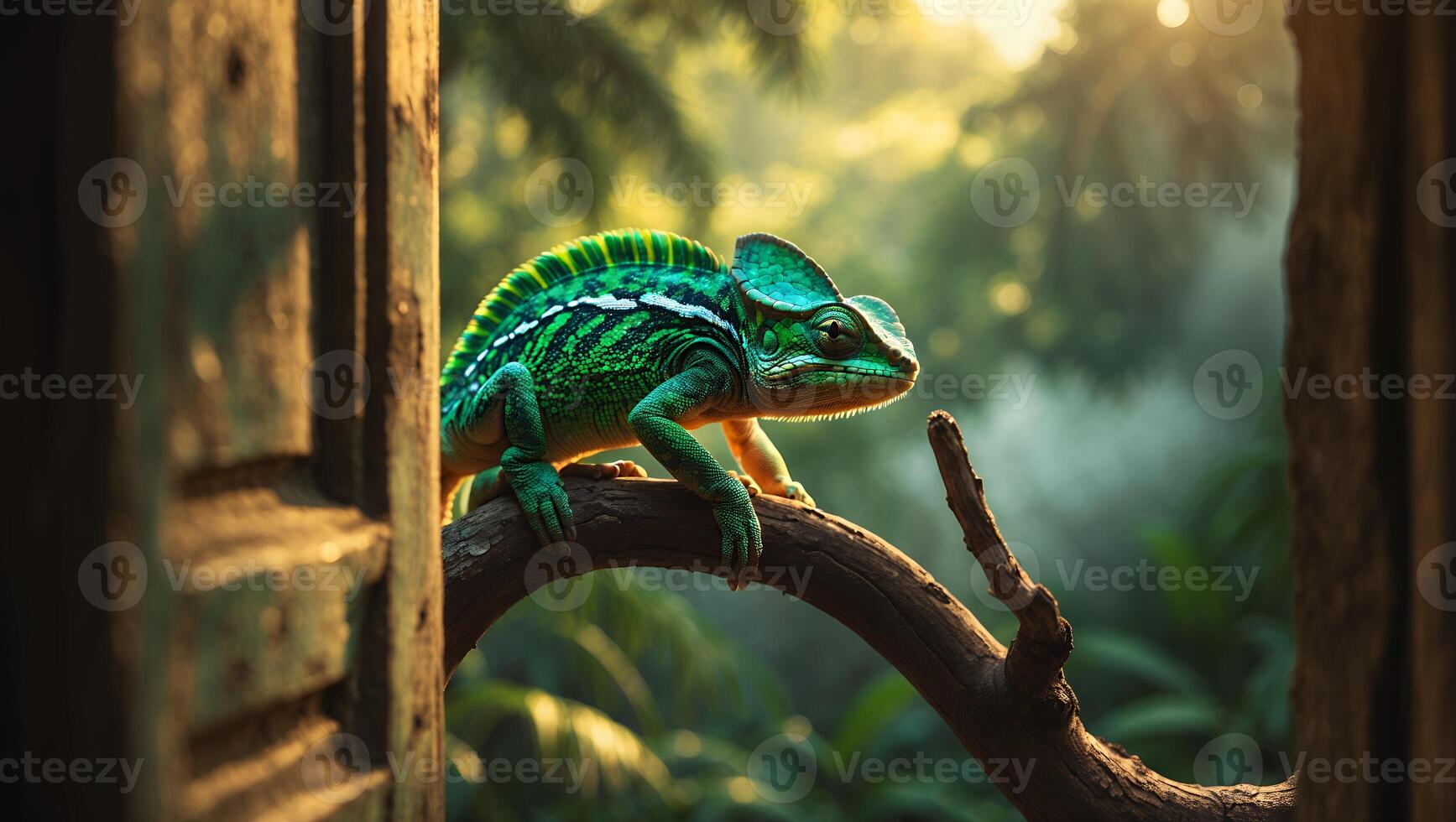 Green Chameleon on Branch Looks Out at Forest Canopy photo